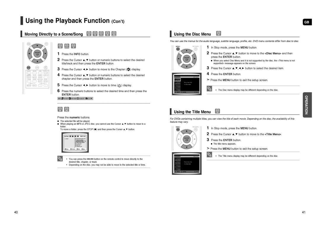 Samsung HT-TXQ120R/XEE, HT-TXQ120K/NWT manual Moving Directly to a Scene/Song, Using the Disc Menu, Using the Title Menu 