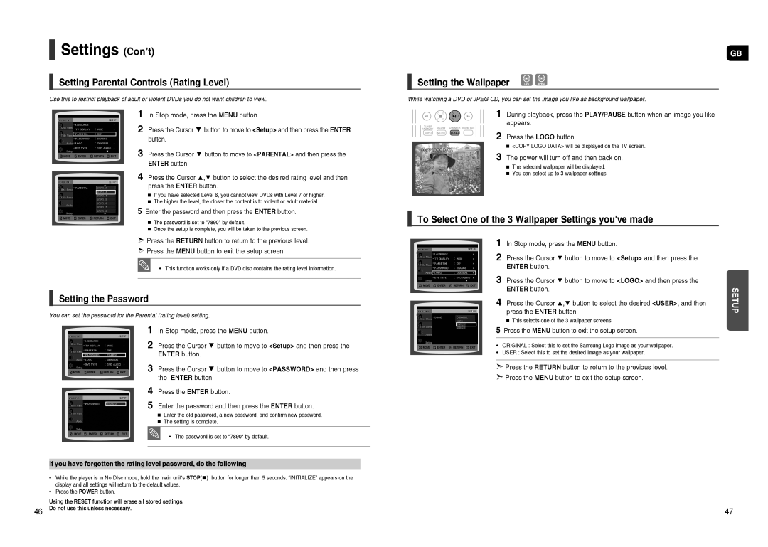 Samsung HT-TXQ120R/XEE Settings Con’t, Setting Parental Controls Rating Level, Setting the Wallpaper, Setting the Password 