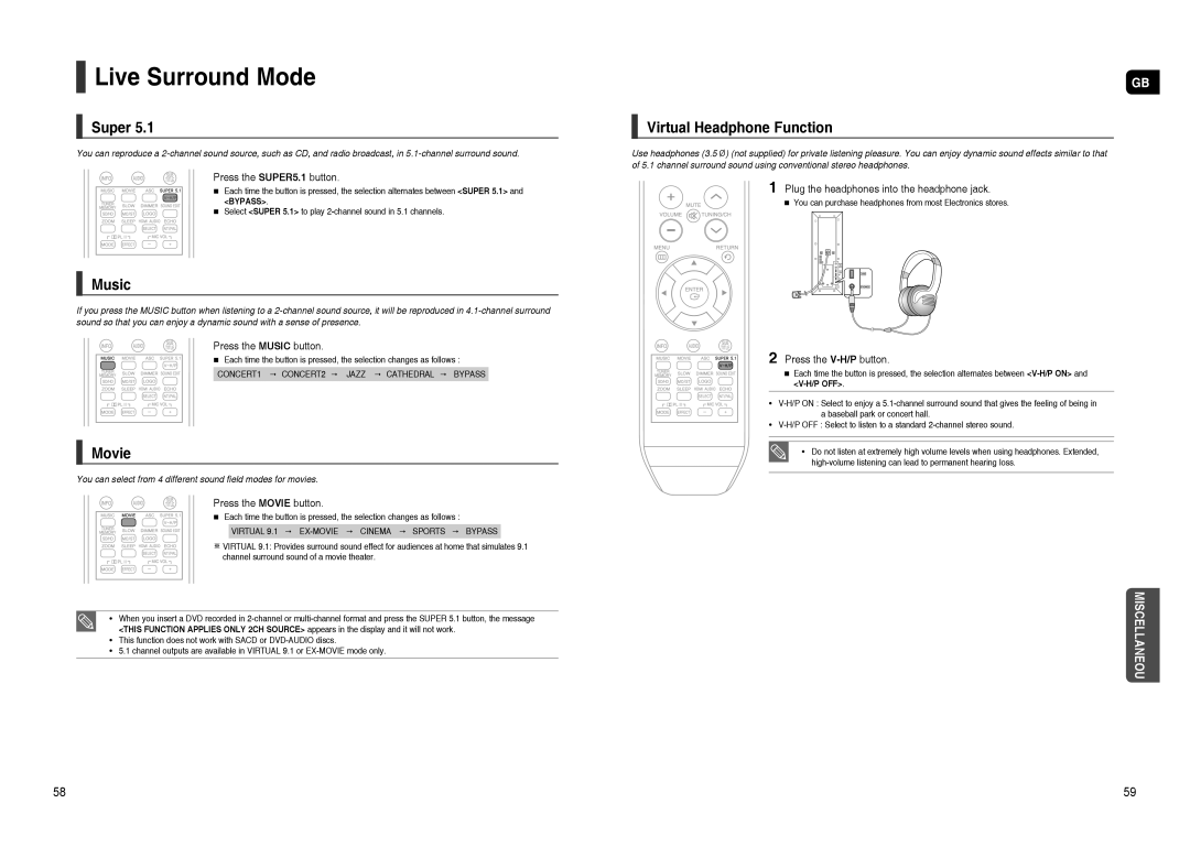 Samsung HT-TXQ120R/XEE, HT-TXQ120K/NWT, HT-TXQ120T/NWT Live Surround Mode, Super, Music, Movie, Virtual Headphone Function 