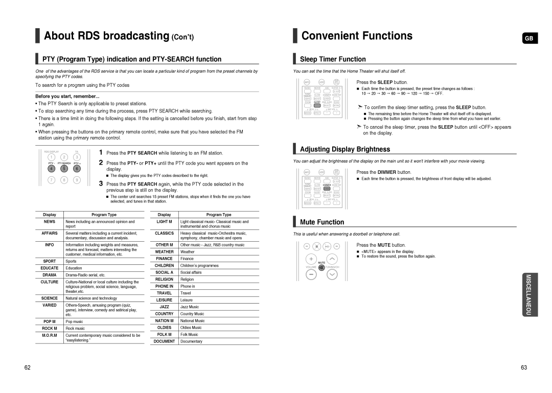 Samsung HT-TXQ120T/NWT, HT-TXQ120R/XEE, HT-TXQ120K/NWT manual About RDS broadcasting Con’t, Convenient Functions 