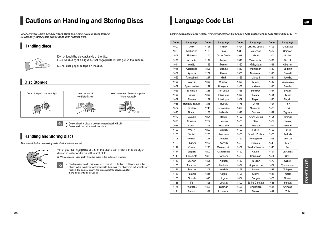 Samsung HT-TXQ120T/NWT, HT-TXQ120R/XEE manual Language Code List, Handling discs, Disc Storage, Handling and Storing Discs 