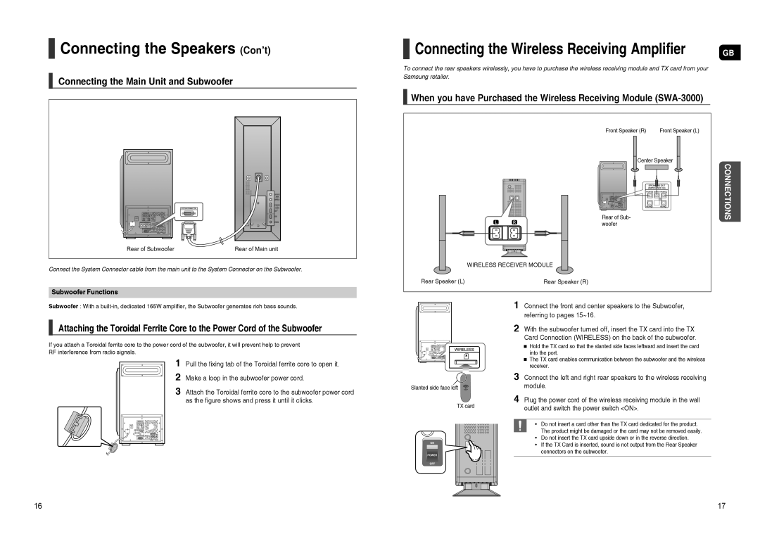 Samsung HT-TXQ120R/XEE manual Connecting the Speakers Con’t, Connecting the Main Unit and Subwoofer, Subwoofer Functions 