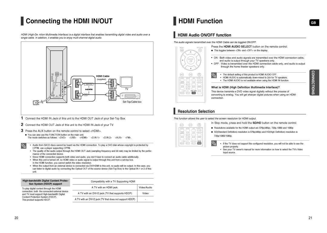 Samsung HT-TXQ120T/NWT manual Connecting the Hdmi IN/OUT, Hdmi Function, Hdmi Audio ON/OFF function, Resolution Selection 