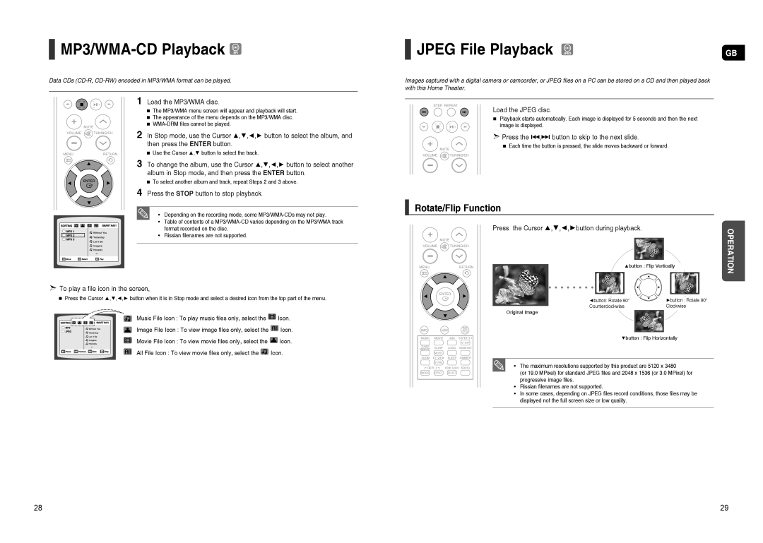 Samsung HT-TXQ120R/XEE, HT-TXQ120K/NWT, HT-TXQ120T/NWT manual MP3/WMA-CD Playback, Jpeg File Playback, Rotate/Flip Function 