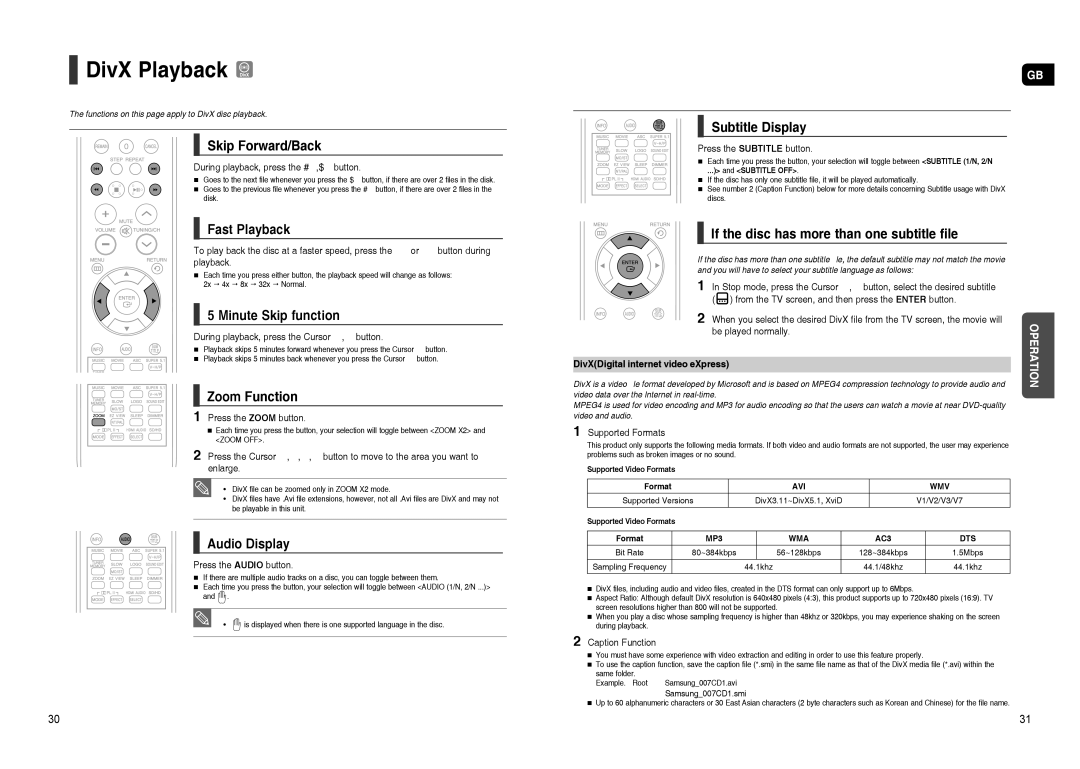 Samsung HT-TXQ120K/NWT, HT-TXQ120R/XEE, HT-TXQ120T/NWT manual DivX Playback 