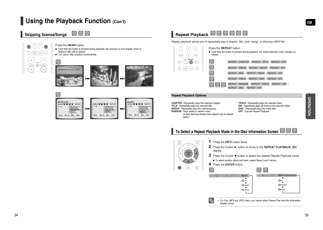 Samsung HT-TXQ120R/XEE manual Using the Playback Function Con’t, Skipping Scenes/Songs, Repeat Playback Options 