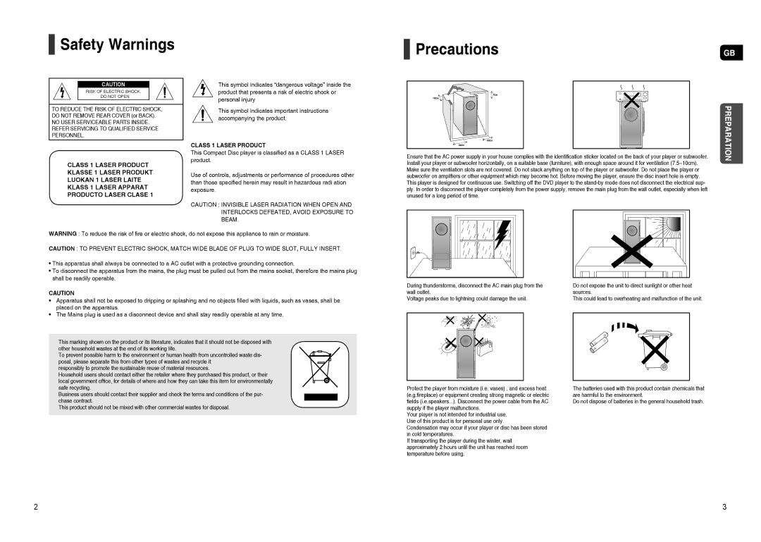 Samsung HT-TXQ120T/NWT, HT-TXQ120R/XEE, HT-TXQ120K/NWT manual Safety Warnings, Precautions 