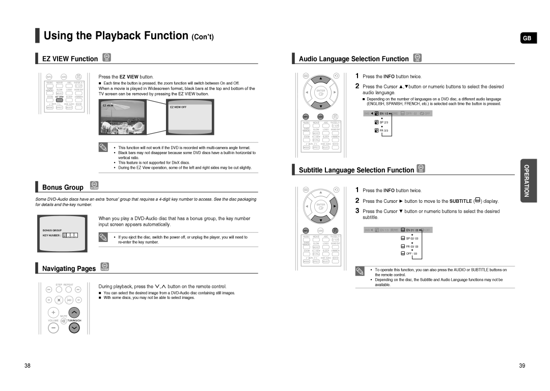 Samsung HT-TXQ120T/NWT, HT-TXQ120R/XEE EZ View Function, Bonus Group, Navigating Pages, Audio Language Selection Function 