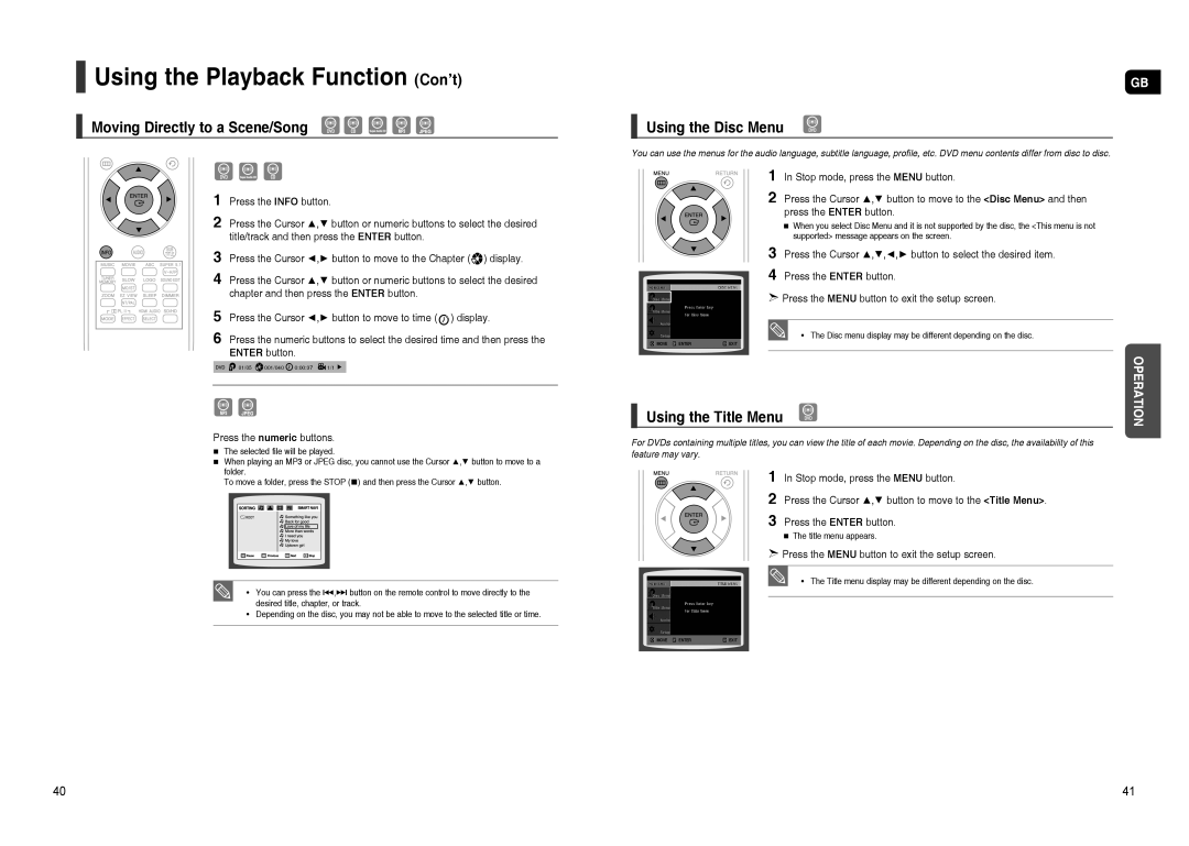 Samsung HT-TXQ120R/XEE, HT-TXQ120K/NWT manual Moving Directly to a Scene/Song, Using the Disc Menu, Using the Title Menu 