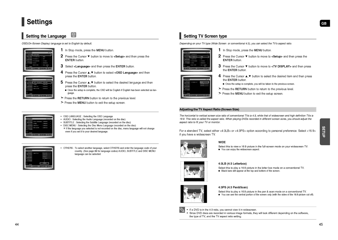 Samsung HT-TXQ120T/NWT, HT-TXQ120R/XEE, HT-TXQ120K/NWT manual Settings, Setting the Language, Setting TV Screen type 