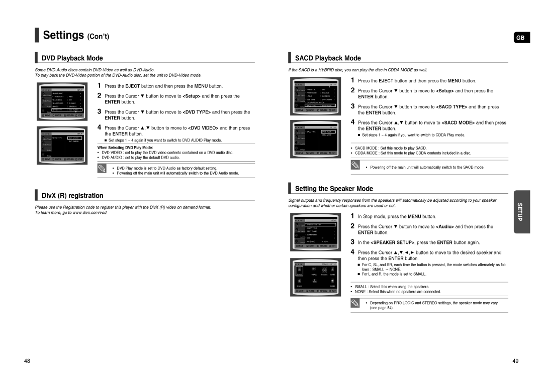 Samsung HT-TXQ120K/NWT, HT-TXQ120R/XEE DVD Playback Mode, Sacd Playback Mode, Setting the Speaker Mode DivX R registration 