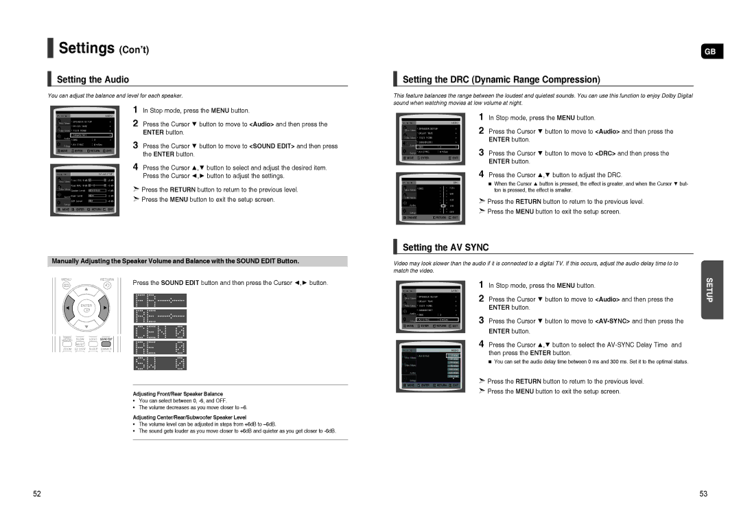 Samsung HT-TXQ120R/XEE, HT-TXQ120K/NWT Setting the Audio, Setting the DRC Dynamic Range Compression, Setting the AV Sync 