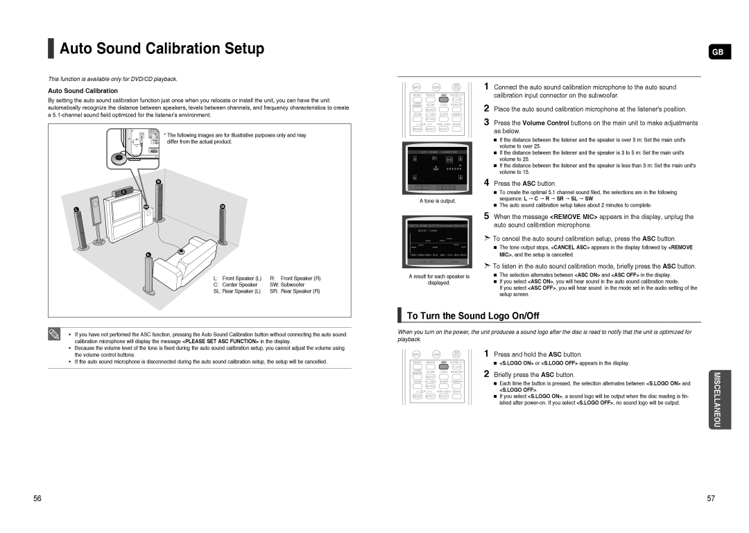 Samsung HT-TXQ120T/NWT, HT-TXQ120R/XEE, HT-TXQ120K/NWT manual Auto Sound Calibration Setup, To Turn the Sound Logo On/Off 