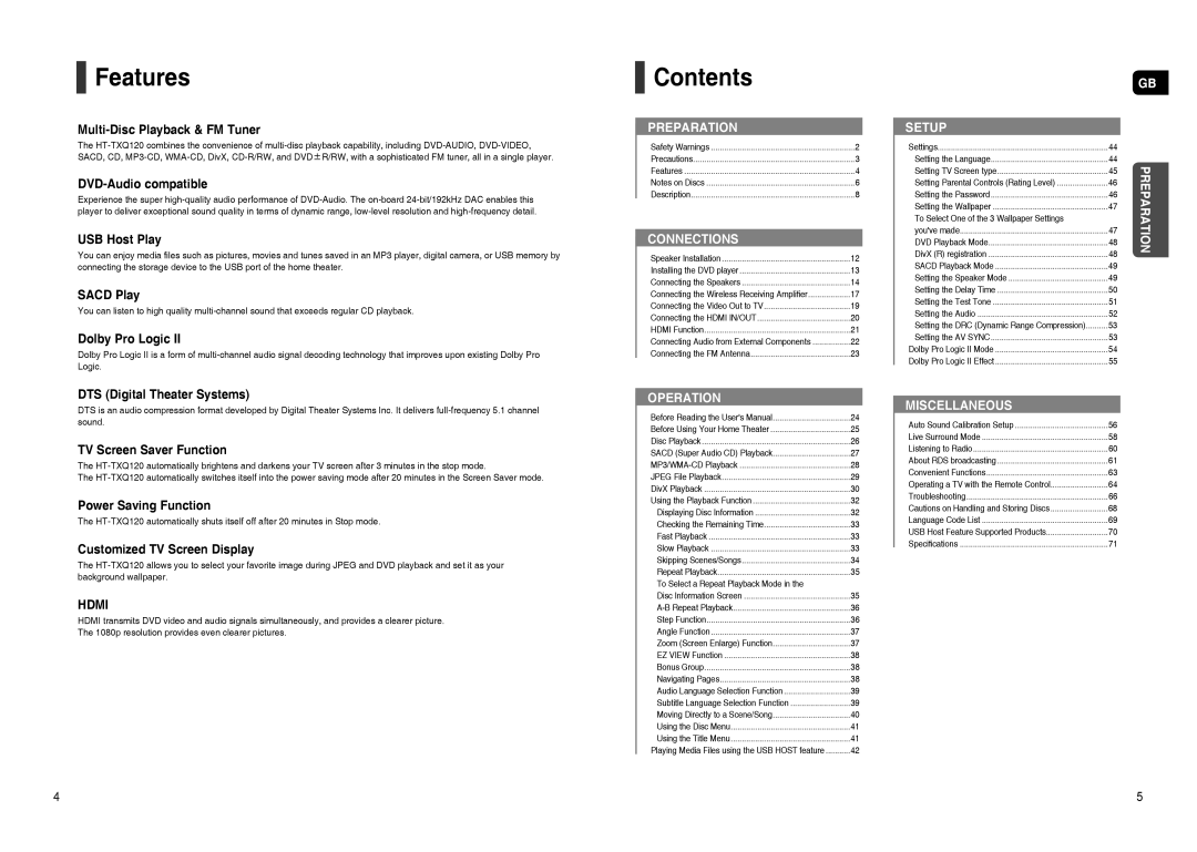 Samsung HT-TXQ120R/XEE, HT-TXQ120K/NWT, HT-TXQ120T/NWT manual Features, Contents 