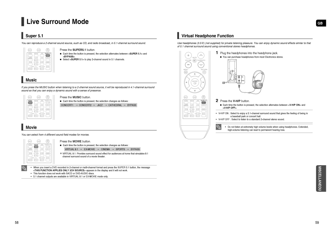 Samsung HT-TXQ120R/XEE, HT-TXQ120K/NWT, HT-TXQ120T/NWT Live Surround Mode, Super, Music, Movie, Virtual Headphone Function 