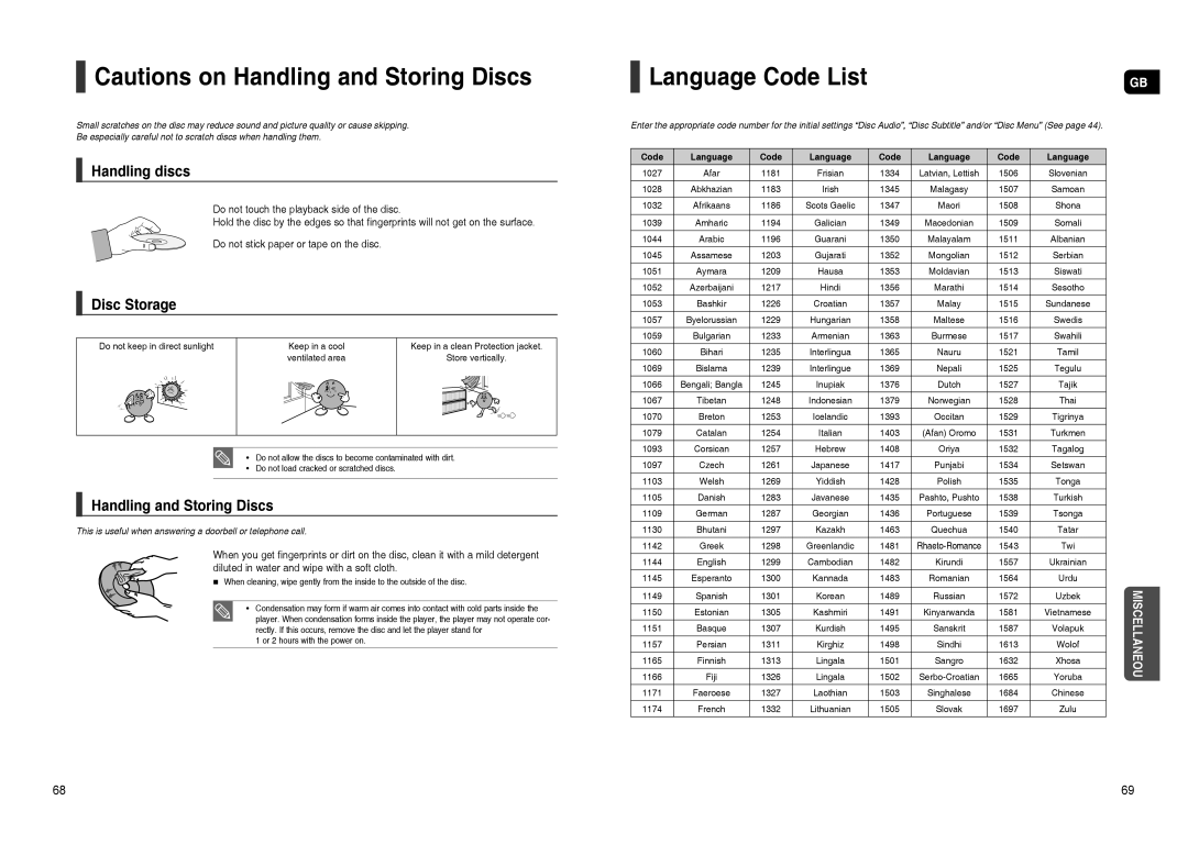 Samsung HT-TXQ120T/NWT, HT-TXQ120R/XEE manual Language Code List, Handling discs, Disc Storage, Handling and Storing Discs 