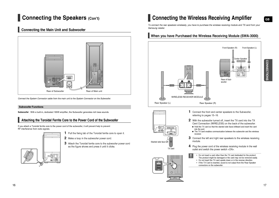 Samsung HT-TXQ120R/XEE manual Connecting the Speakers Con’t, Connecting the Main Unit and Subwoofer, Subwoofer Functions 