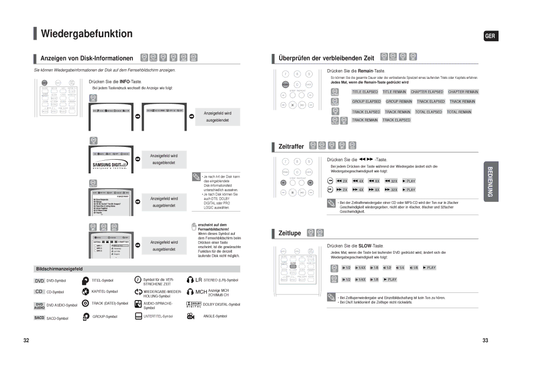 Samsung HT-TXQ120R/XEF Wiedergabefunktion, Anzeigen von Disk-Informationen, Überprüfen der verbleibenden Zeit, Zeitlupe 