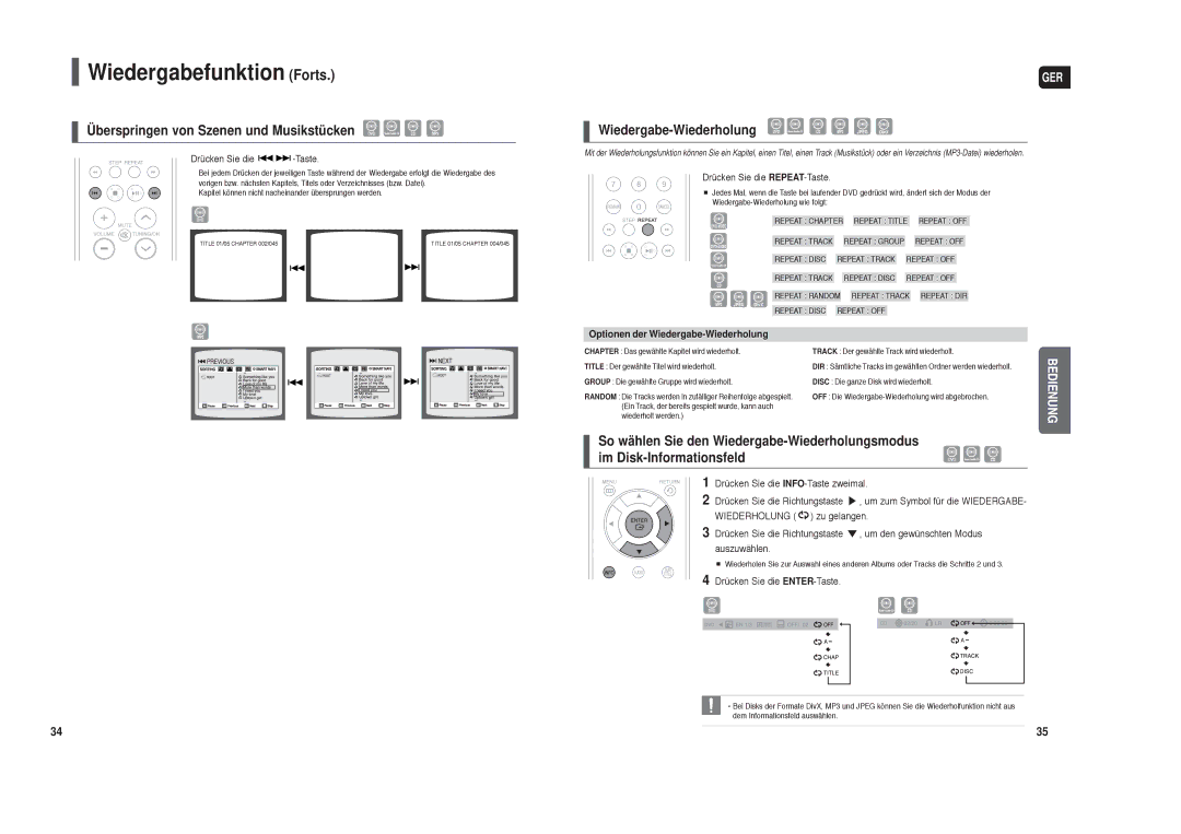 Samsung HT-TXQ120R/XEE manual Wiedergabefunktion Forts, Überspringen von Szenen und Musikstücken, Wiedergabe-Wiederholung 