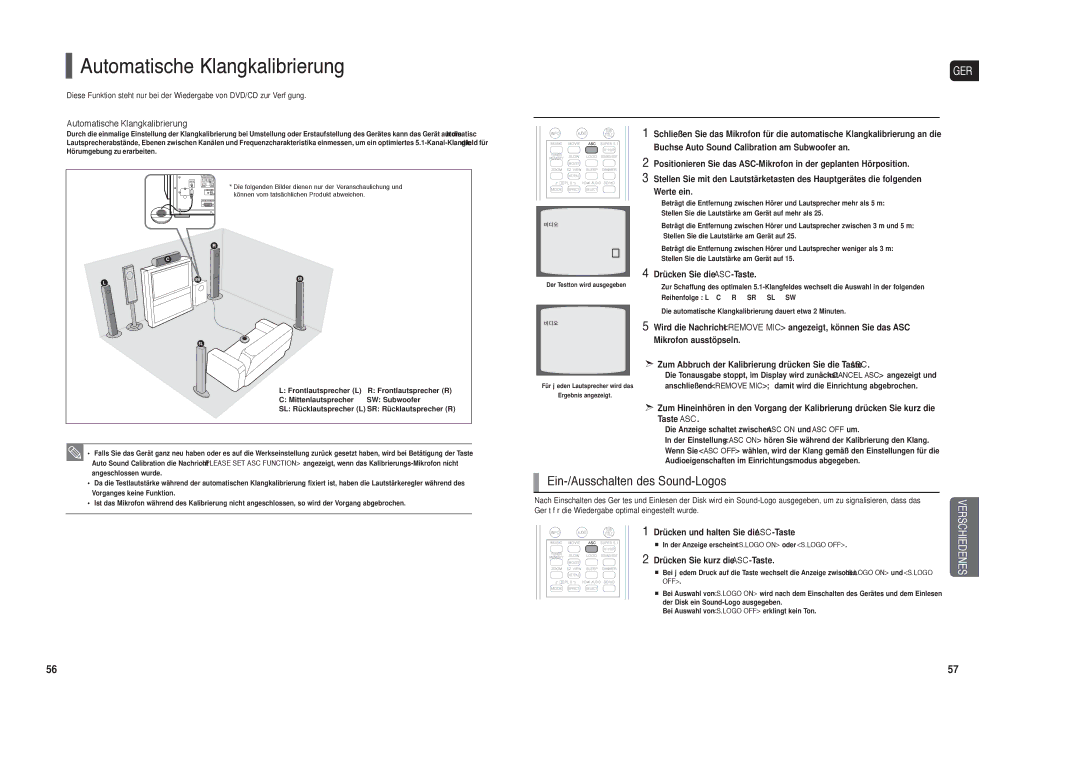 Samsung HT-TXQ120R/XEF, HT-TXQ120R/XEE manual Automatische Klangkalibrierung, Ein-/Ausschalten des Sound-Logos 