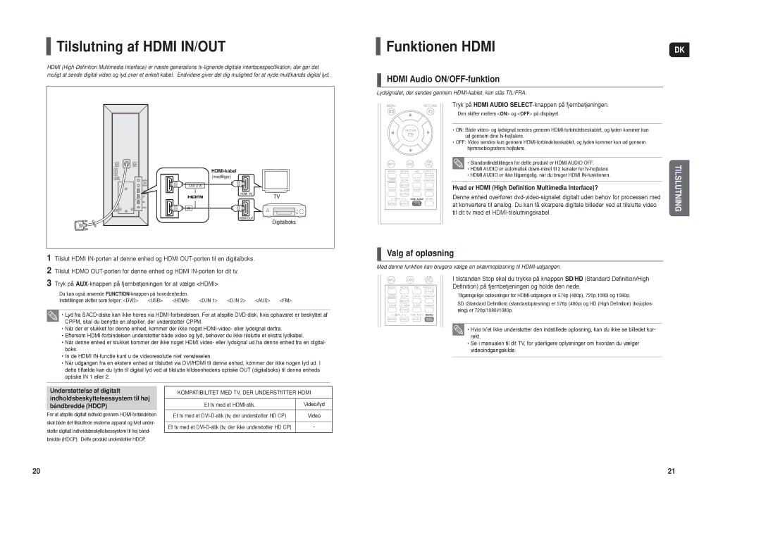 Samsung HT-TXQ120R/XEE manual Tilslutning af Hdmi IN/OUT, Funktionen Hdmi, Hdmi Audio ON/OFF-funktion, Valg af opløsning 