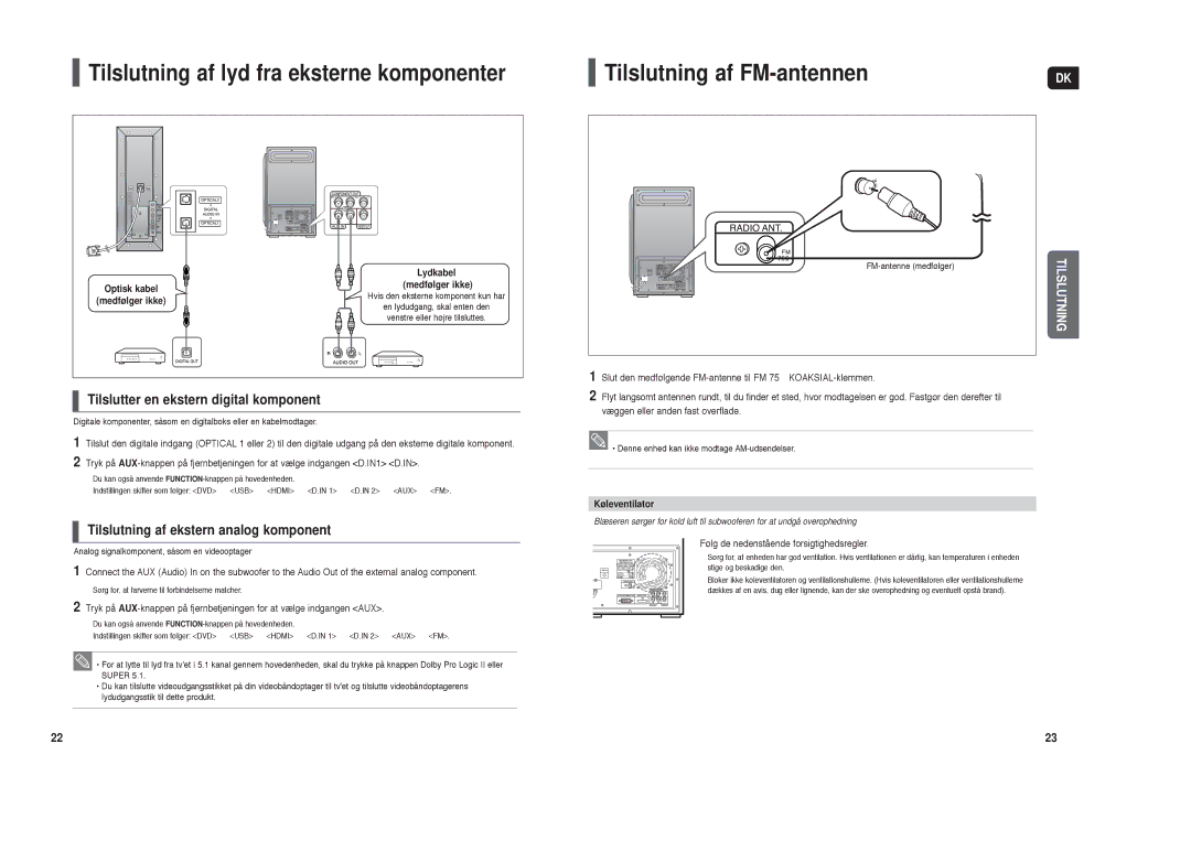 Samsung HT-TXQ120R/XEE manual Tilslutter en ekstern digital komponent, Tilslutning af ekstern analog komponent, Lydkabel 