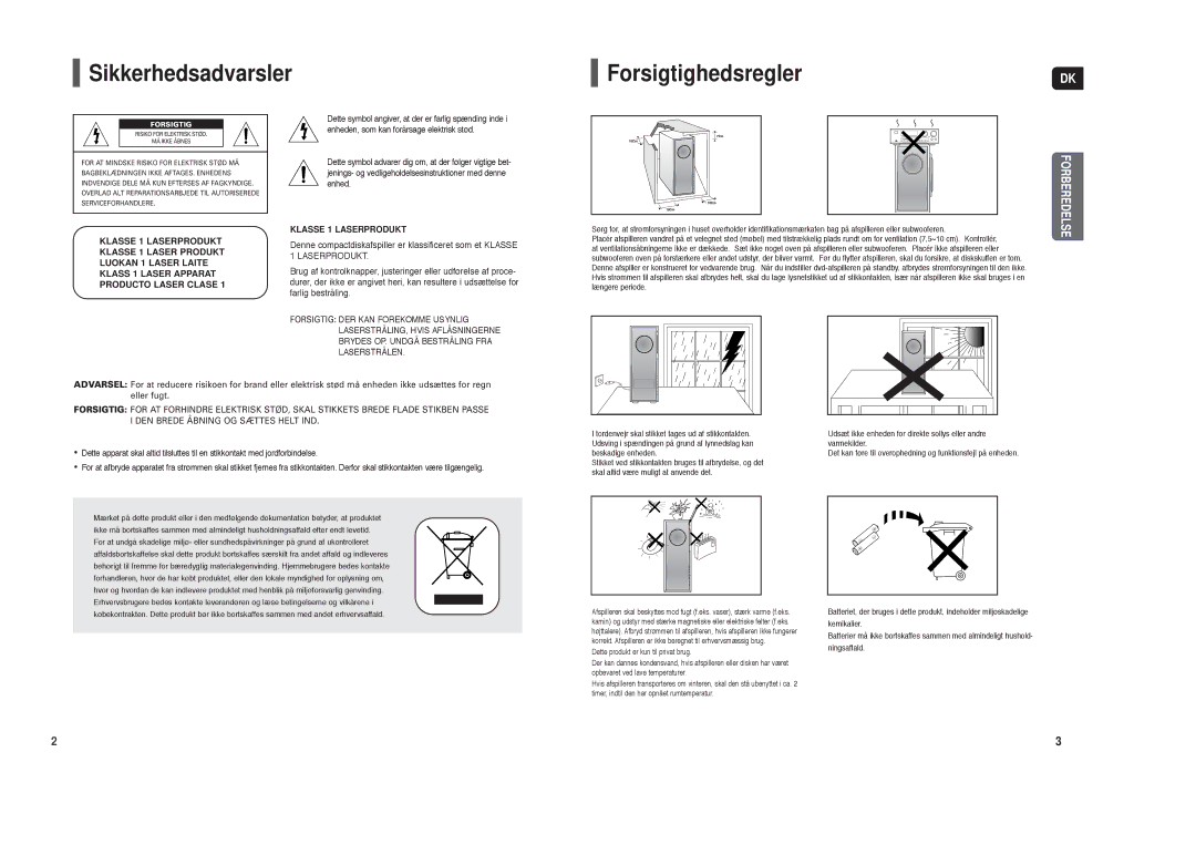 Samsung HT-TXQ120R/XEE manual Sikkerhedsadvarsler ForsigtighedsreglerDK 