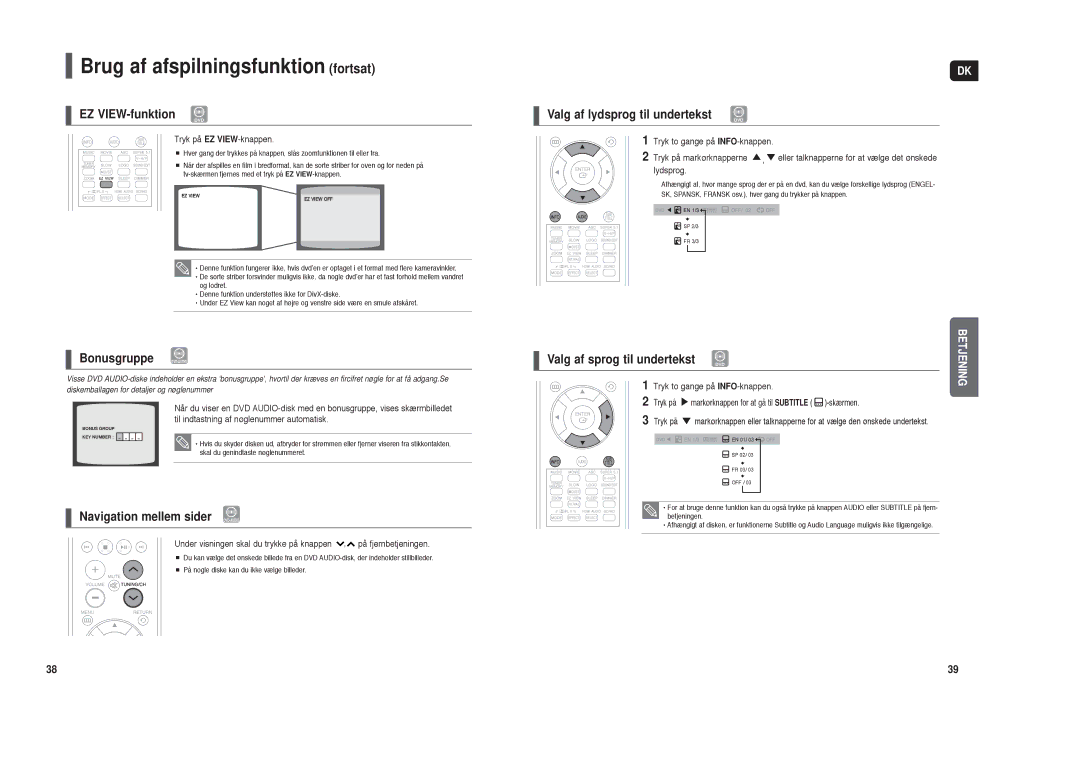 Samsung HT-TXQ120R/XEE manual EZ VIEW-funktion, Bonusgruppe DVD-AUDIO, Navigation mellem sider DVD -AUDIO 