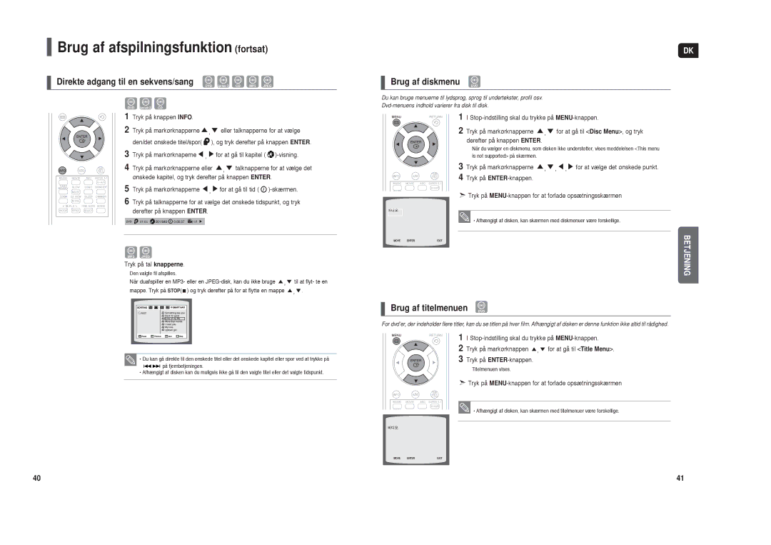 Samsung HT-TXQ120R/XEE manual Direkte adgang til en sekvens/sang, Brug af diskmenu, Brug af titelmenuen DVD 