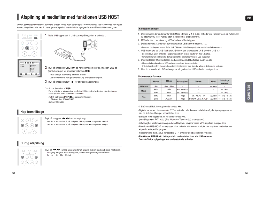 Samsung HT-TXQ120R/XEE manual Hop frem/tilbage, Tryk på knappen under afspilning, Kompatible enheder 