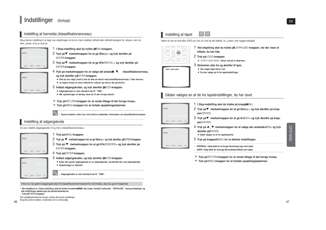 Samsung HT-TXQ120R/XEE manual Indstillinger fortsat, Indstilling af børnelås klassifikationsniveau, Indstilling af tapet 