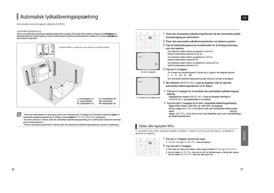 Samsung HT-TXQ120R/XEE manual Automatisk lydkalibreringsopsætning, Sådan slås logolyden til/fra 