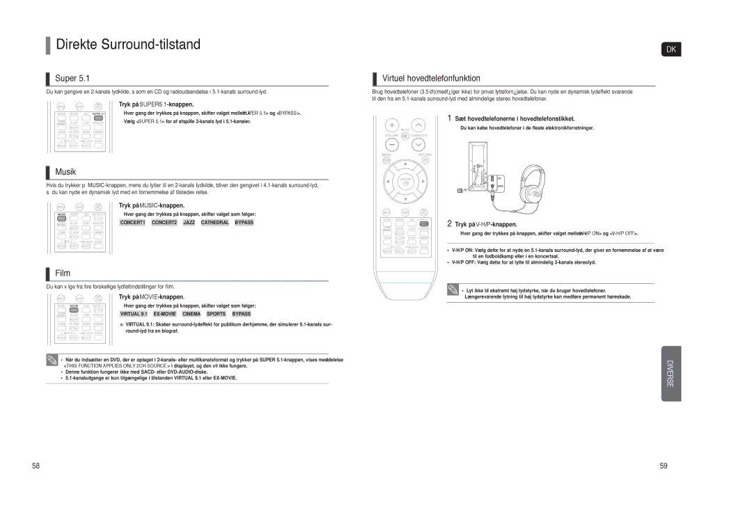 Samsung HT-TXQ120R/XEE manual Direkte Surround-tilstand, Super, Musik, Film, Virtuel hovedtelefonfunktion 