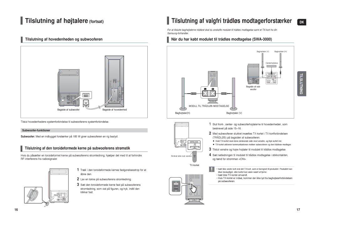 Samsung HT-TXQ120R/XEE Tilslutning af højtalere fortsat, Tilslutning af hovedenheden og subwooferen, Subwoofer-funktioner 