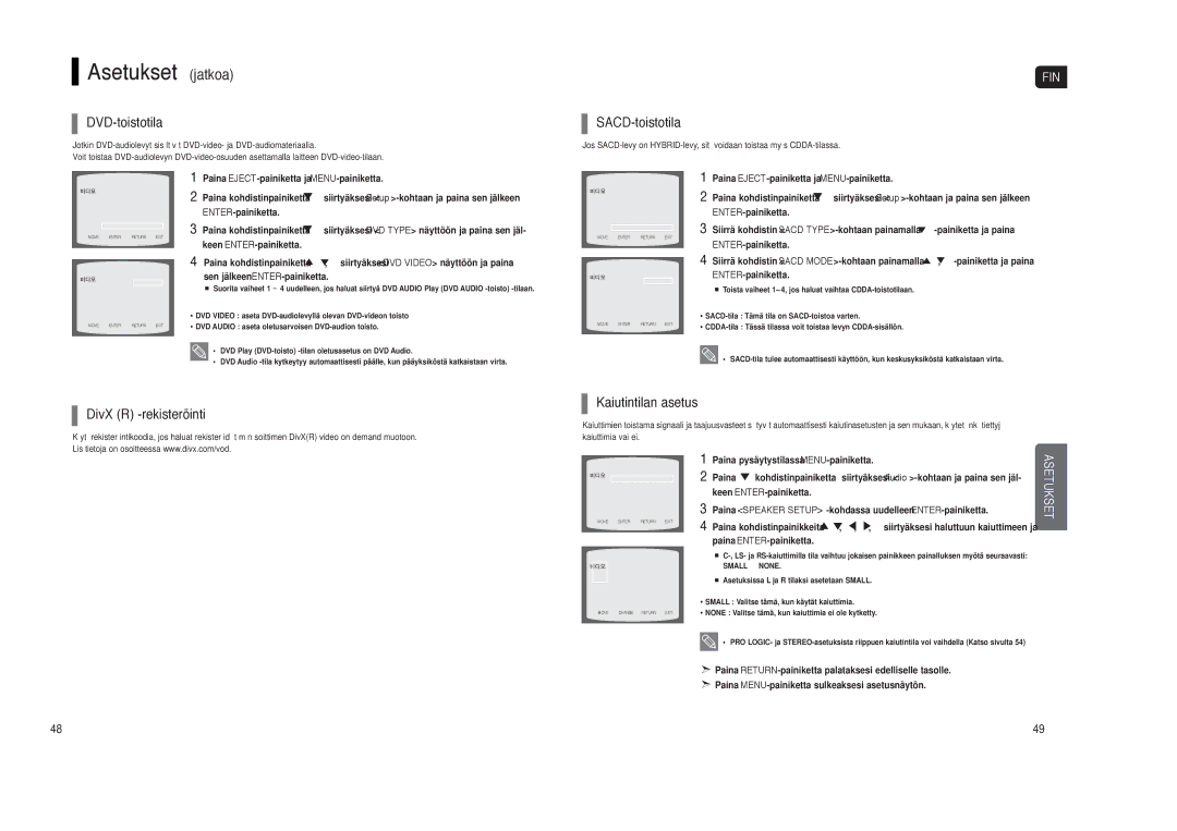 Samsung HT-TXQ120R/XEE manual DVD-toistotila, SACD-toistotila, DivX R -rekisteröinti Kaiutintilan asetus 