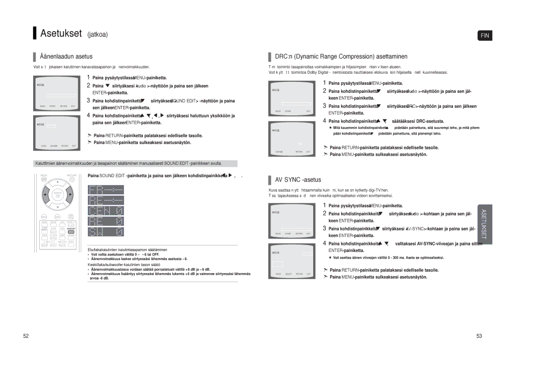 Samsung HT-TXQ120R/XEE manual Äänenlaadun asetus, DRCn Dynamic Range Compression asettaminen, AV Sync -asetus 