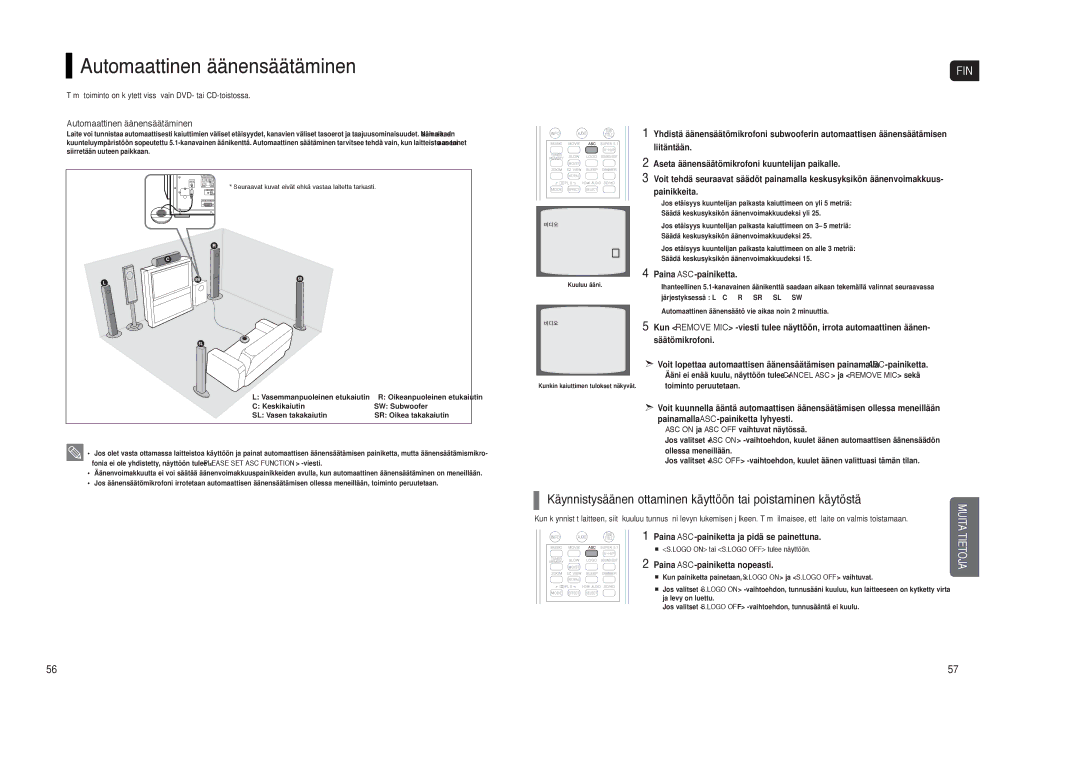 Samsung HT-TXQ120R/XEE manual Automaattinen äänensäätäminen, Käynnistysäänen ottaminen käyttöön tai poistaminen käytöstä 