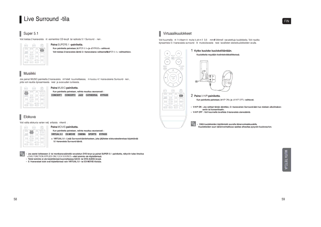 Samsung HT-TXQ120R/XEE manual Live Surround -tila, Super, Musiikki, Elokuva, Virtuaalikuulokkeet 