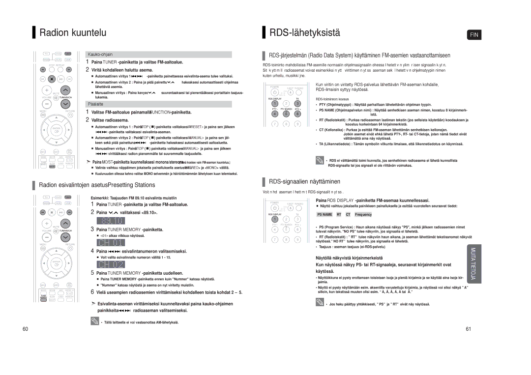 Samsung HT-TXQ120R/XEE manual Radion kuuntelu, RDS-lähetyksistä, Radion esivalintojen asetusPresetting Stations 