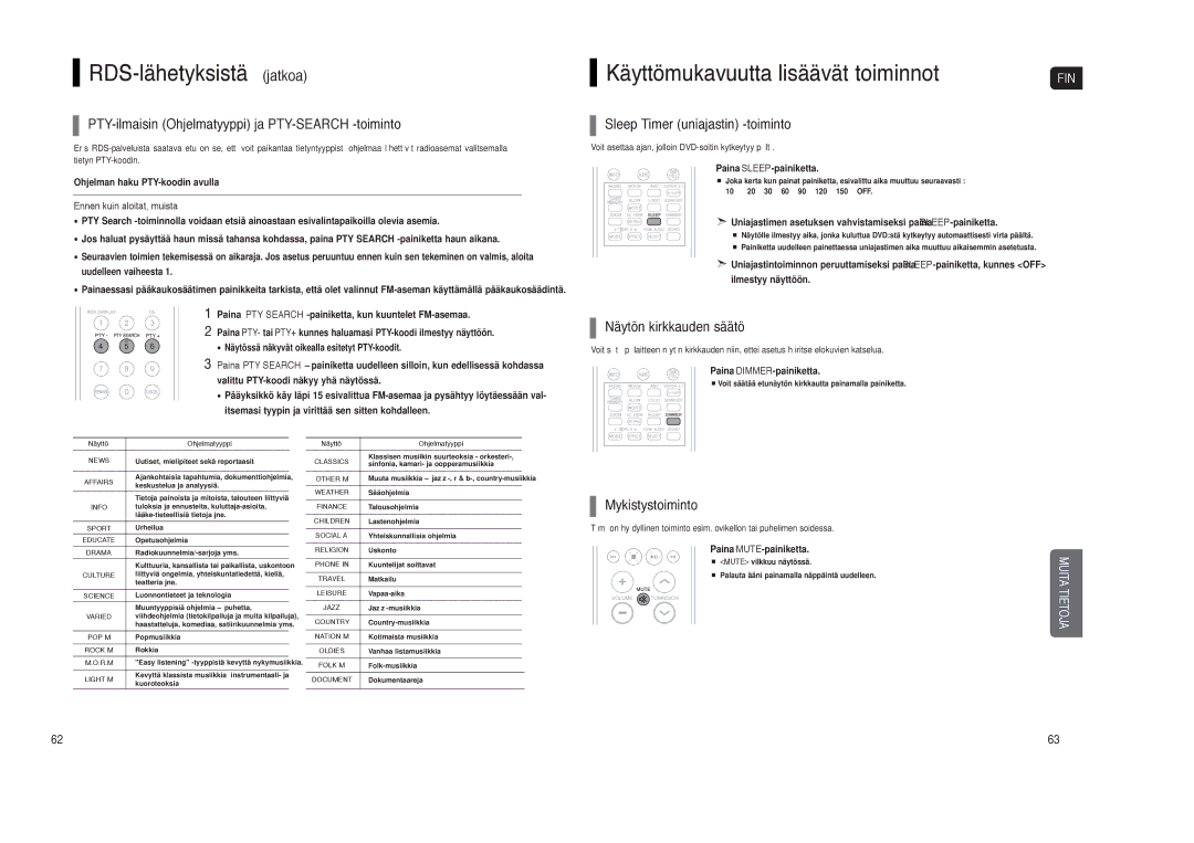 Samsung HT-TXQ120R/XEE manual RDS-lähetyksistä jatkoa, Käyttömukavuutta lisäävät toiminnot 