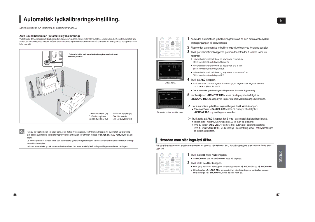 Samsung HT-TXQ120R/XEE manual Automatisk lydkalibrerings-instilling, Hvordan man slår logo-lyd til/fra 