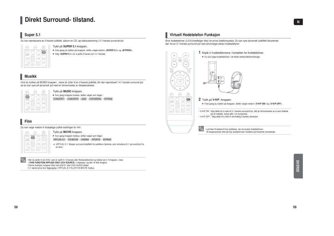 Samsung HT-TXQ120R/XEE manual Direkt Surround- tilstand, Super, Musikk, Film, Virtuell Hodetelefon Funksjon 