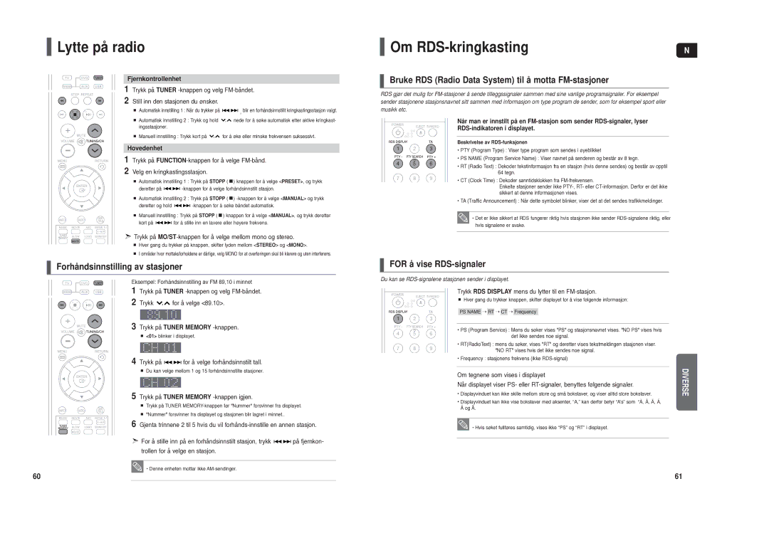 Samsung HT-TXQ120R/XEE Lytte på radio, Om RDS-kringkasting, Forhåndsinnstilling av stasjoner, For å vise RDS-signaler 