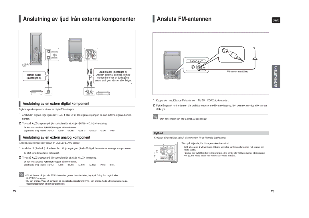 Samsung HT-TXQ120R/XEE manual Ansluta FM-antennen, Anslutning av en extern digital komponent, Kylfläkt 