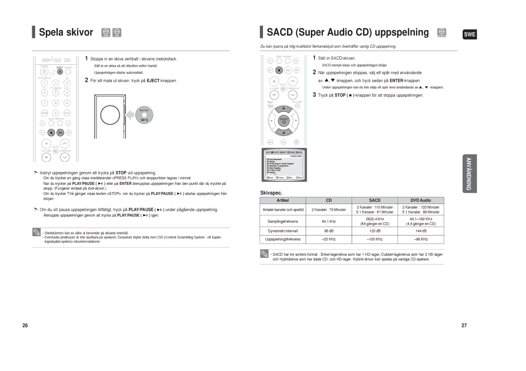 Samsung HT-TXQ120R/XEE manual Spela skivor DVD CD, Sacd Super Audio CD uppspelning Super Audio CD, Artikel, DVD Audio 