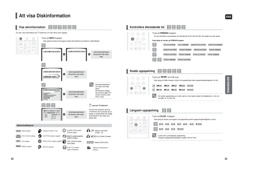 Samsung HT-TXQ120R/XEE manual Att visa Diskinformation, Visa skivinformation, Långsam uppspelning, Skärmindikatorer 