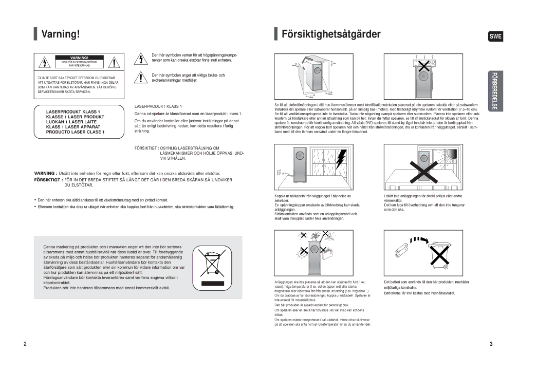 Samsung HT-TXQ120R/XEE manual Varning FörsiktighetsåtgärderSWE 