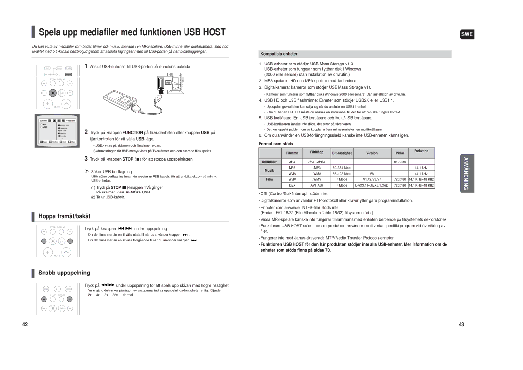 Samsung HT-TXQ120R/XEE manual Tryck på knappen under uppspelning, Kompatibla enheter, Format som stöds 