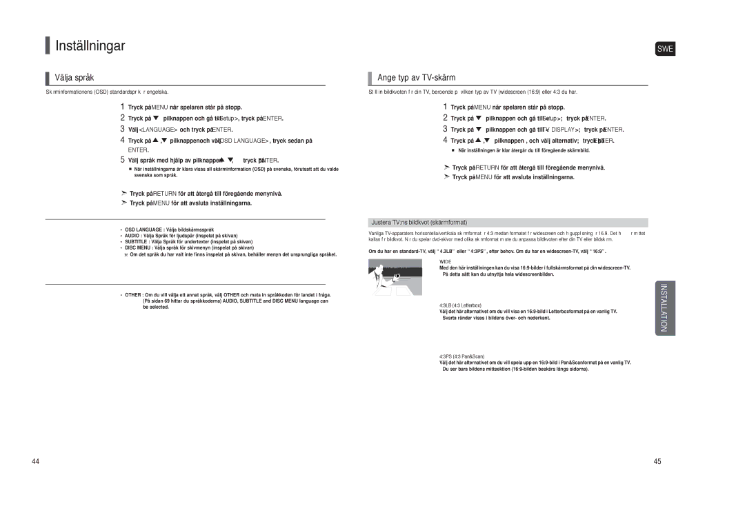 Samsung HT-TXQ120R/XEE manual Inställningar, Välja språk, Ange typ av TV-skärm, Justera TVns bildkvot skärmformat 