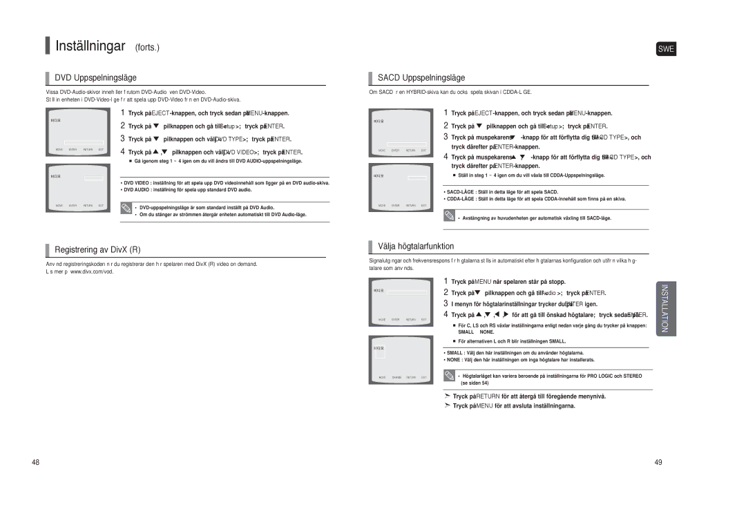 Samsung HT-TXQ120R/XEE manual DVD Uppspelningsläge, Sacd Uppspelningsläge, Registrering av DivX R Välja högtalarfunktion 